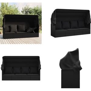 vidaXL Loungebed met luifel en kussens poly rattan zwart - Loungebed - Loungebedden - Loungebed Met Kussens - Tuinbed