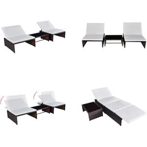 vidaXL Ligbedden 2 st met tafel poly rattan bruin - Zonnebed - Zonnebedden - Loungebed - Loungebedden