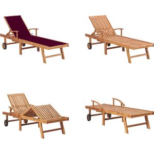 vidaXL Ligbed met wijnrood kussen massief teakhout Loungebed - Teak Lounge Stoel - Tuinset - Buitendecor - Tuinmeubels - Relaxfauteuil - Ligbed - Zonnestoel - Zonnestoelen - Zonnebed - Zonnebedden