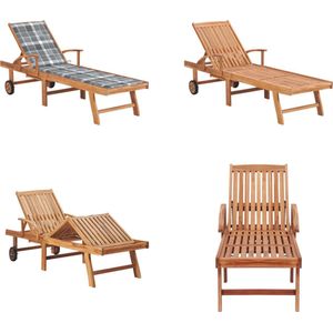 vidaXL Ligbed met grijs geruit kussen massief teakhout - Zonnestoel - Zonnestoelen - Zonnebed - Zonnebedden