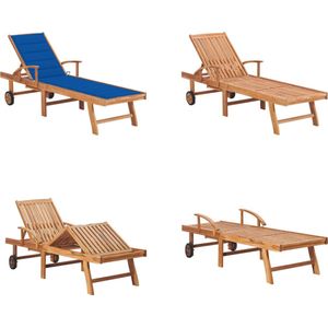 vidaXL Ligbed met koningsblauw kussen massief teakhout - Zonnestoel - Zonnestoelen - Zonnebed - Zonnebedden