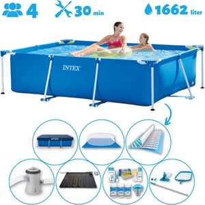 Intex Rechthoekig Opzetzwembad - 220 x 150 x 60 cm - Blauw - Inclusief Pomp - Solar Mat - Onderhoudspakket - Grondzeil - Afdekzeil - Schoonmaaktset