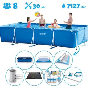 Intex Rechthoekig Opzetzwembad - 450 x 220 x 84 cm - Blauw - Inclusief Pomp - Solar Mat - Onderhoudspakket - Grondzeil - Afdekzeil - Schoonmaaktset