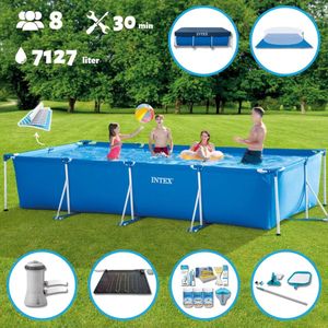 Intex Zwembad - Opzetzwembad - Rechthoekig - 450 x 220 x 84 cm - Blauw - Inclusief Pomp - Verwarmingsmat - Chloorpakket - Onderzeil - Afdekzeil - Schoonmaaktset