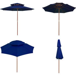 vidaXL Parasol dubbeldekker met houten paal 270 cm blauw - Dubbeldeksparasol - Dubbeldeksparasols - Parasol - Parasols