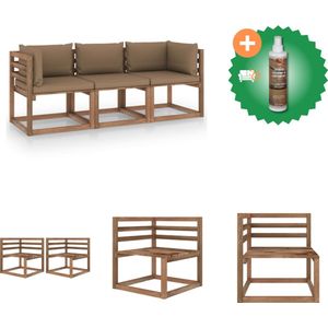 vidaXL Tuinbank 3 zits pallet met taupe kussens grenenhout Tuinset Inclusief Houtreiniger en verfrisser