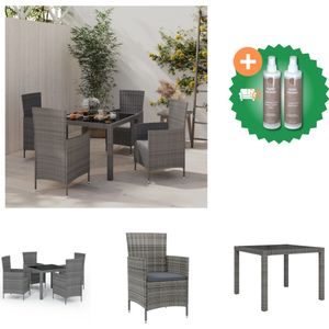 vidaXL Tuinset - Grijze poly rattan eethoek - 90x90x75 cm - Inclusief 4 stoelen en kussens - Tuinset - Inclusief Onderhoudsset