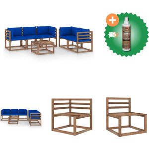 vidaXL 6 delige Loungeset met blauwe kussens Tuinset Inclusief Houtreiniger en verfrisser