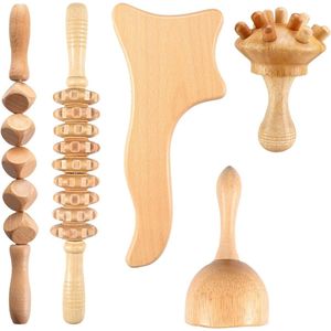 Houten Maderotherapie Set - 5-Delig - Complete Cellulitis Set - Anti-cellulitis Massage - Lymfedrainage - Handmatige Roller - Houten Massage - Ontspanning en Massage - Natuurlijke Houtkleur