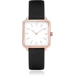LGT JWLS Dameshorloge 'Square' - Zwart Lederen Band, Wit Uurwerk, Rose Gouden Kast