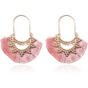 Deja Jewels Bohemian Goudkleurige Oorbellen met Roze Franje Waaierhangers
