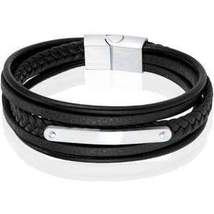 Mendes Lederen Armband voor Mannen - Zilver, Met Graveerplaat en RVS Sluiting-23cm