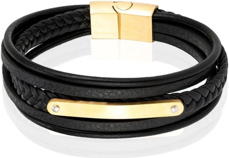 Mendes - Lederen Armband - Goud - Met Graveerplaat en RVS Sluiting - 23cm