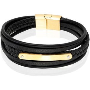 Mendes Lederen Armband voor Mannen - Goud, Met Graveerplaat en RVS Sluiting-21cm