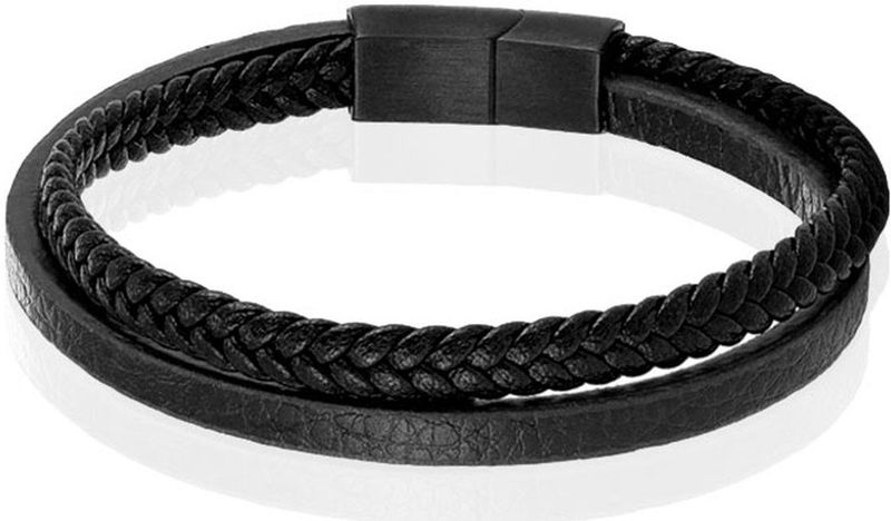 Mendes - Minimalistische Heren Armband - Leer - Zwart - 2 Strengen