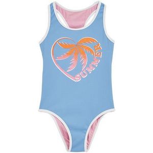 WE Fashion - Badpak - Lichtblauw/Oranje/Rosa/Wit - Motiefprint - Op Staal Naden, Met Textuur