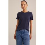 WE Fashion - T-shirt - Donkerblauw - Dames - Katoen - Korte Mouwen