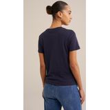 WE Fashion - T-shirt - Donkerblauw - Dames - Katoen - Korte Mouwen