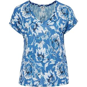 WE Fashion - Dames T-shirt met dessin - Curve - Regular fit - Blauw - Ecovero viscose - Plus Size Maat: 46