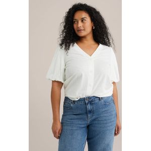 WE Fashion - Dames Jersey top met ballonmouwen - Curve - Regular fit - Wit - Viscose - Plus Size Maat: 44