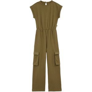 WE Fashion - Meisjes Seersucker Cargojumpsuit - Regular Fit - Mosgroen - Katoen
