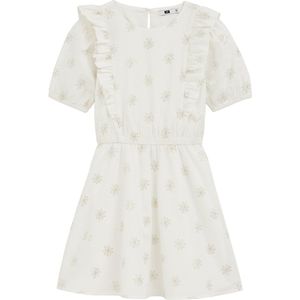 WE Fashion - Jurk - Wit/Goud - 100% Katoen - Knoopsluiting, Ruches, Korte Mouwen