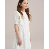 WE Fashion - Jurk - Wit/Goud - 100% Katoen - Knoopsluiting, Ruches, Korte Mouwen