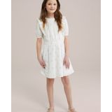 WE Fashion - Jurk - Wit/Goud - 100% Katoen - Knoopsluiting, Ruches, Korte Mouwen