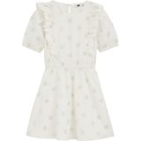 WE Fashion - Jurk - Wit/Goud - 100% Katoen - Knoopsluiting, Ruches, Korte Mouwen