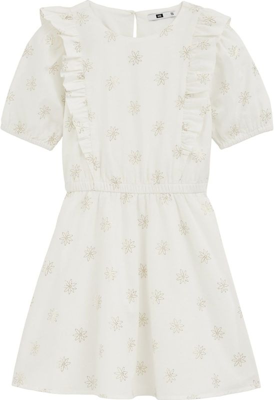 WE Fashion - Jurk - Wit/Goud - 100% Katoen - Knoopsluiting, Ruches, Korte Mouwen