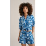 WE Fashion - Blouse - Blauw/Wit - Klassieke Blouse - Driekwart Mouw - Bloemenprint
