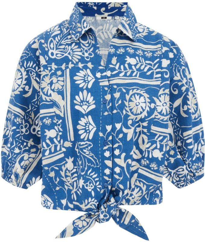 WE Fashion - Blouse - Blauw/Wit - Klassieke Blouse - Driekwart Mouw - Bloemenprint
