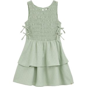 WE Fashion - Meisjes Jurk - Blauw - Regular Fit - Ronde Hals - Smokwerk - Strikjes - Dubbele Lagen