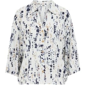 WE Fashion - Blouse - Beige - Donkerblauw - Wit - Klassieke Blouse - Driekwart Mouw