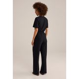 WE Fashion - Jumpsuit - Zwart - Gerecycled Materiaal - V-hals, Tailleriem, Gedrapeerd