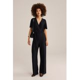 WE Fashion - Jumpsuit - Zwart - Gerecycled Materiaal - V-hals, Tailleriem, Gedrapeerd