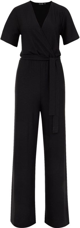 WE Fashion - Jumpsuit - Zwart - Gerecycled Materiaal - V-hals, Tailleriem, Gedrapeerd