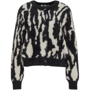 WE Fashion - Gebreid Vest - Ecru/Zwart - Dierenprint - Lange Mouw