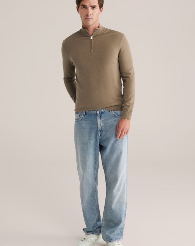 Fundamentals - Slim Fit Trui met Rits - Khaki - Katoen