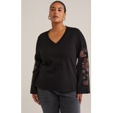 WE Fashion - Dames Sweater - Curve - Met Bloem-Borduursels - Regular Fit - V-hals - Lange Mouwen