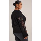 WE Fashion - Dames Sweater - Curve - Met Bloem-Borduursels - Regular Fit - V-hals - Lange Mouwen