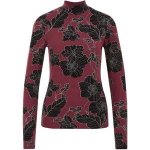 WE Fashion - Shirt - Wijnrood - Bloemenprint - Lange Mouw - Slanke Pasvorm