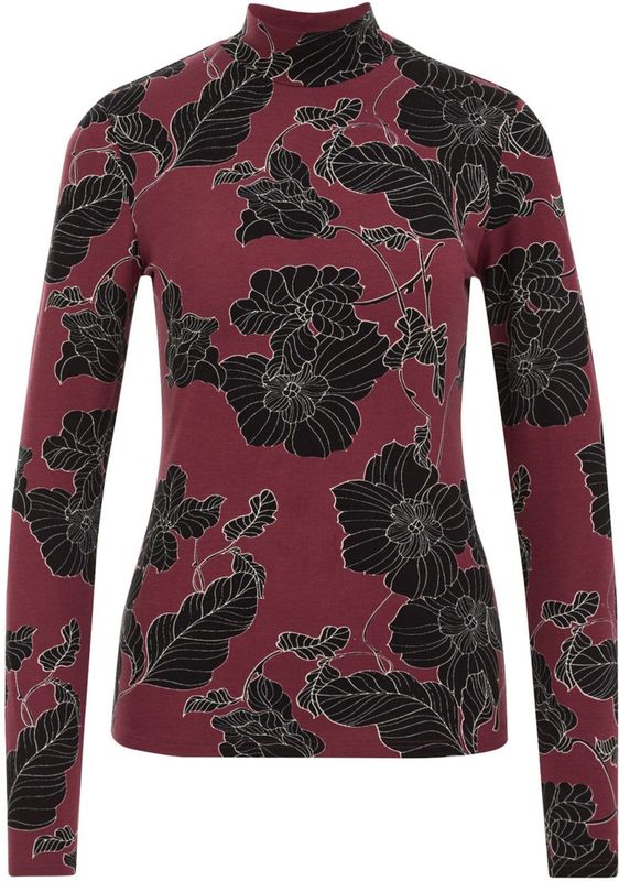 WE Fashion - Shirt - Wijnrood - Bloemenprint - Lange Mouw - Slanke Pasvorm