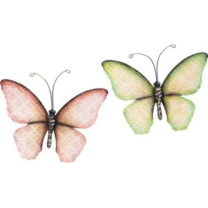 Anna Collection Wanddecoratie vlinders - 2x - groen/roze - 32 x 24 cm - metaal - muurdecoratie - tuin beelden van dieren