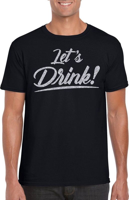 Bellatio Decorations Verkleed T-shirt voor heren - lets drink - zwart - zilver glitters - glamour