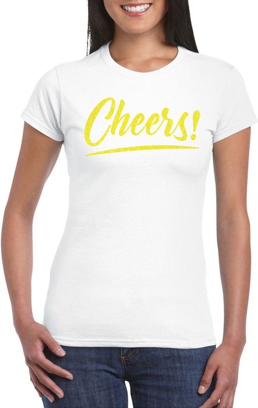 Bellatio Decorations Verkleed T-shirt voor dames - cheers - wit - geel glitter - carnaval