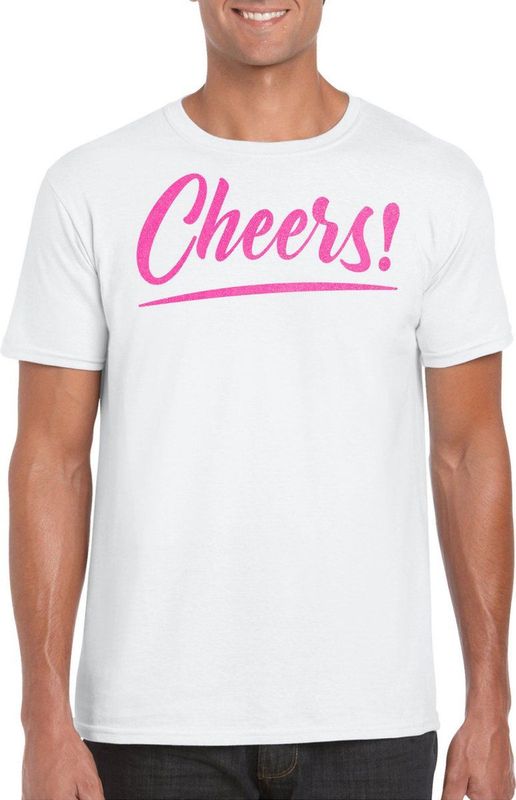 Bellatio Decorations Verkleed T-shirt voor heren - cheers - wit - roze glitter - carnaval