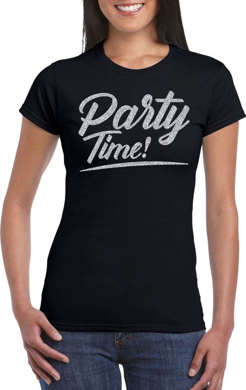Bellatio Decorations Verkleed T-shirt voor dames - party time - zwart - zilver glitter - carnaval