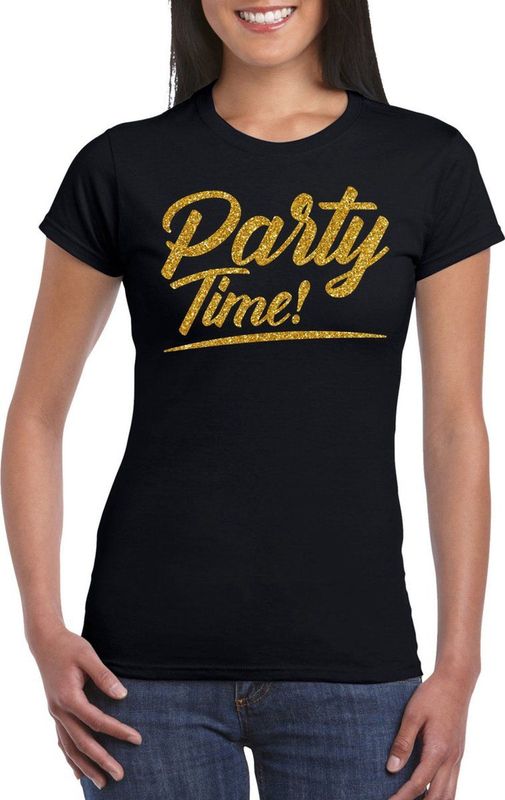 Bellatio Decorations Verkleed T-shirt voor dames - party time - zwart - goud glitter - carnaval