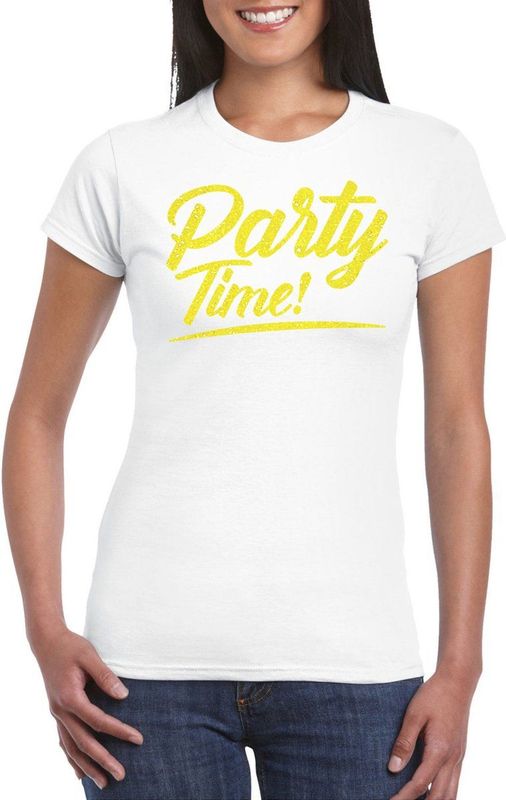 Bellatio Decorations Verkleed T-shirt voor dames - party time - wit - geel glitter - carnaval
